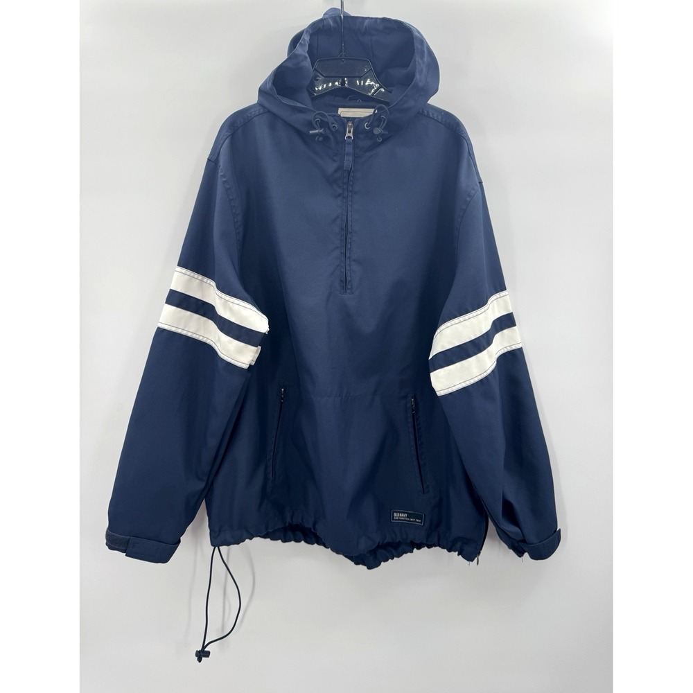 VTG Y2K Jacket Men Large 1/4 Zip Hooded Pullover Windbreaker Varsity Prep Stripe